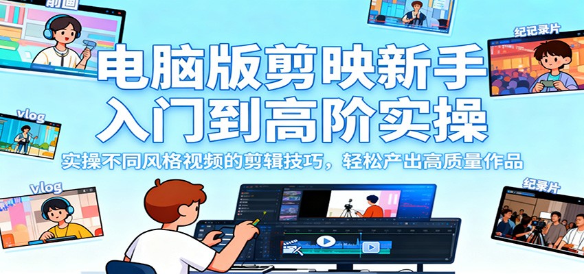 电脑版剪映新手入门到高阶实操，实操不同风格视频的剪辑技巧，轻松产出高质量作品-资源社·项目库