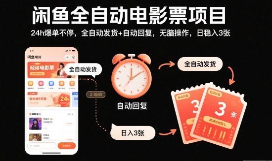 闲鱼全自动电影票项目，24h爆单不停，全自动发货+自动回复，无脑操作，日稳入3张【揭秘】-资源社·项目库