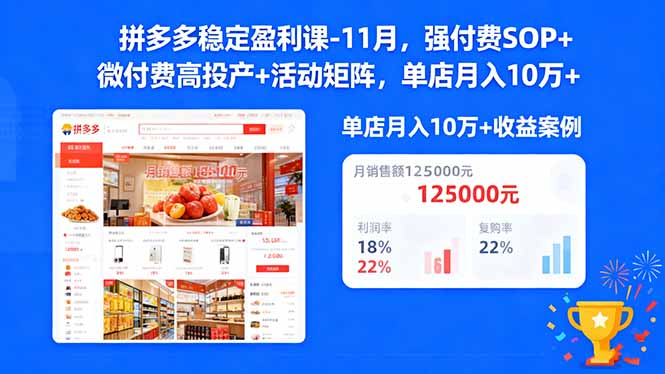 拼多多稳定盈利课-11月，强付费SOP+微付费高投产+活动矩阵，单店月入10w+-资源社·项目库